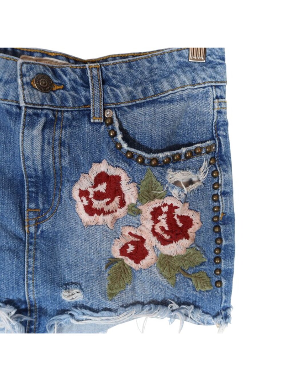 FREE PEOPLE Wild Rose Embroidered Distressed Studded Jean Mini Skirt Size 25 - Picture 4 of 6
